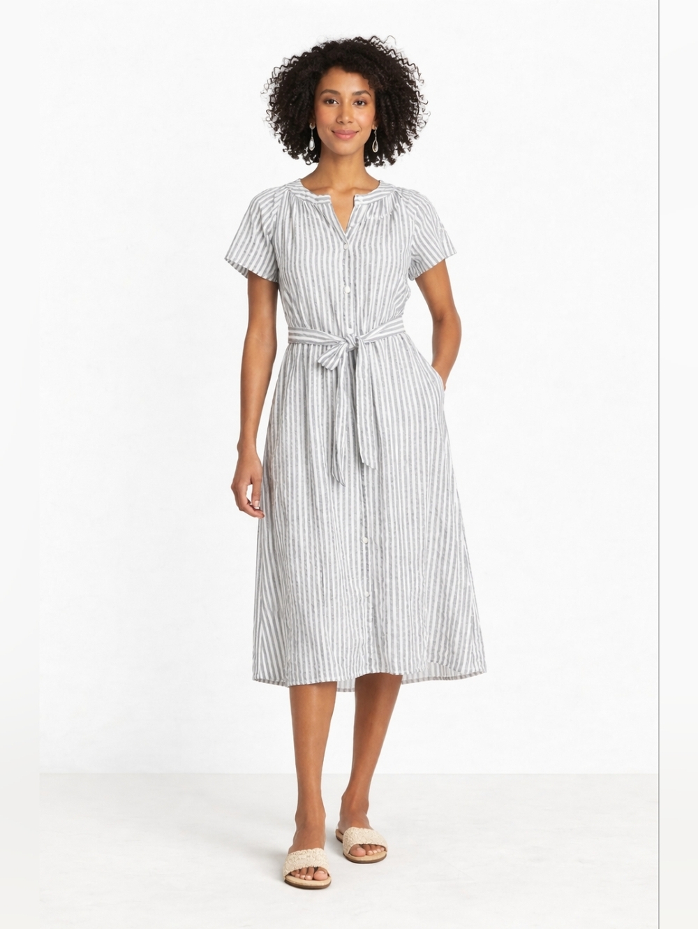 Max Studio Stripe Midi Dress Tie Waist Flutter Sleeve button front Small pockets